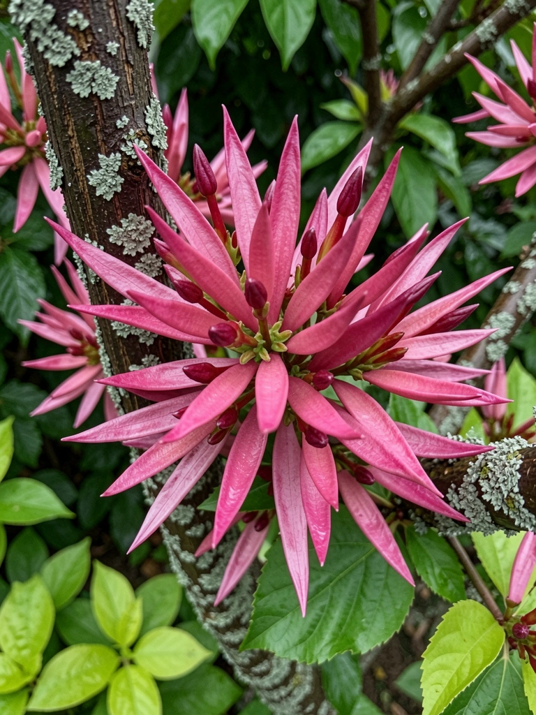 Árvore resedá com flores rosa e copa volumosa em jardim