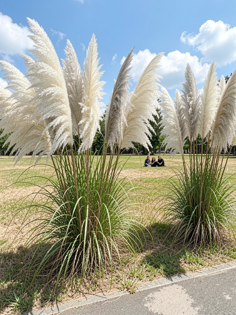 Touceiras de capim-dos-pampas com plumas brancas e prateadas em campo aberto
