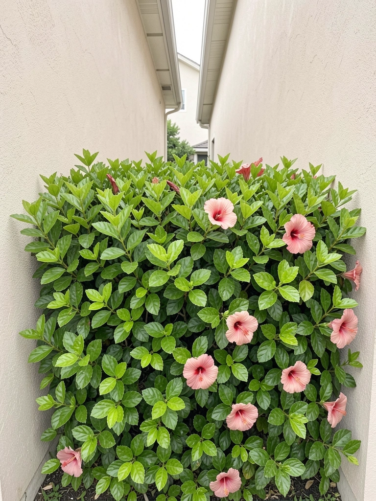 Cerca viva de hibisco entre duas casas, com flores vermelhas e folhagem densa
