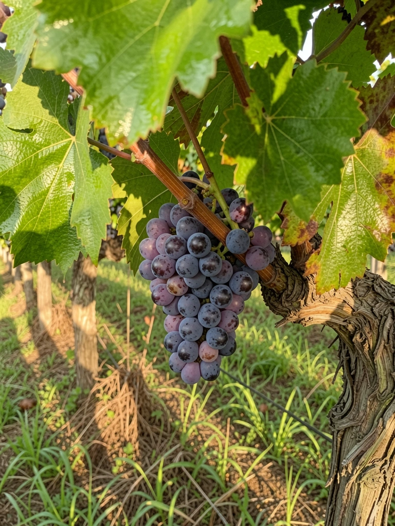 Folha de videira com nervuras visíveis ao lado de um cacho de uvas verdes