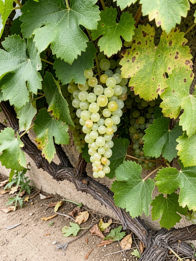 Parreira com folhas verdes cobrindo muro de alvenaria em quintal pequeno, com cachos de uva pendurados.