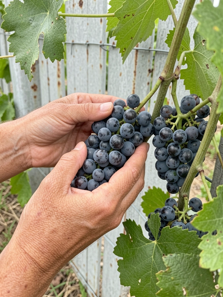 Mãos segurando um cacho de uvas roxas entre folhas verdes de videira.