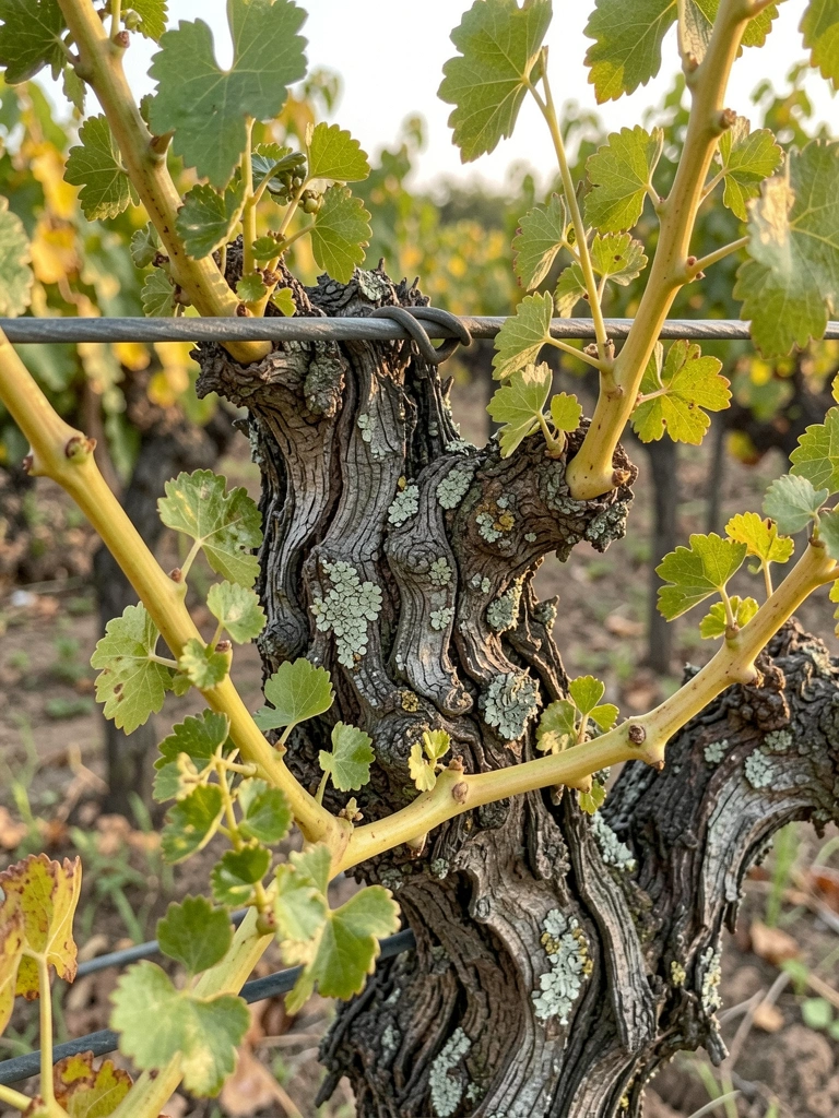 Cacho de uvas roxas pendurado em parreira com folhas verdes e luz do sol filtrada.