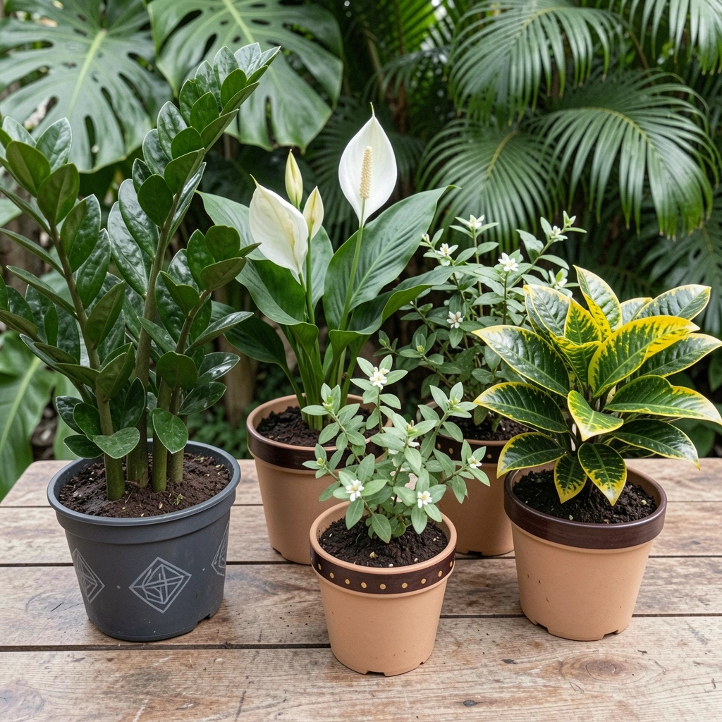 Vasos decorados com plantas da fortuna sobre fundo tropical