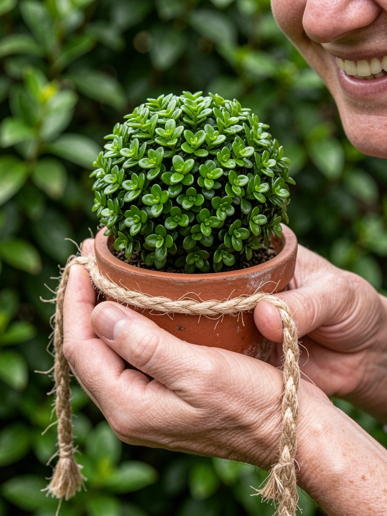 Mãos segurando uma muda de planta com terra, folhagens ao fundo