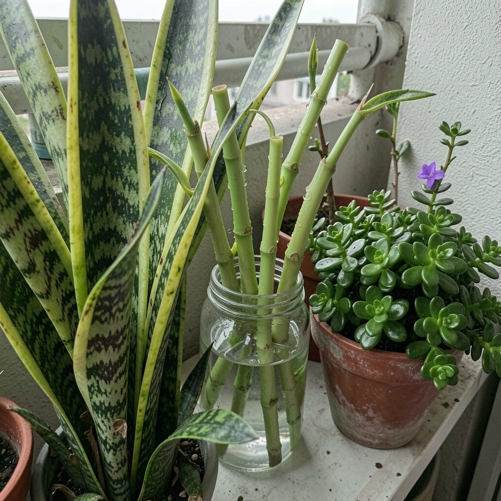 Vaso de planta na varanda de apartamento pequeno com luz indireta ao fundo