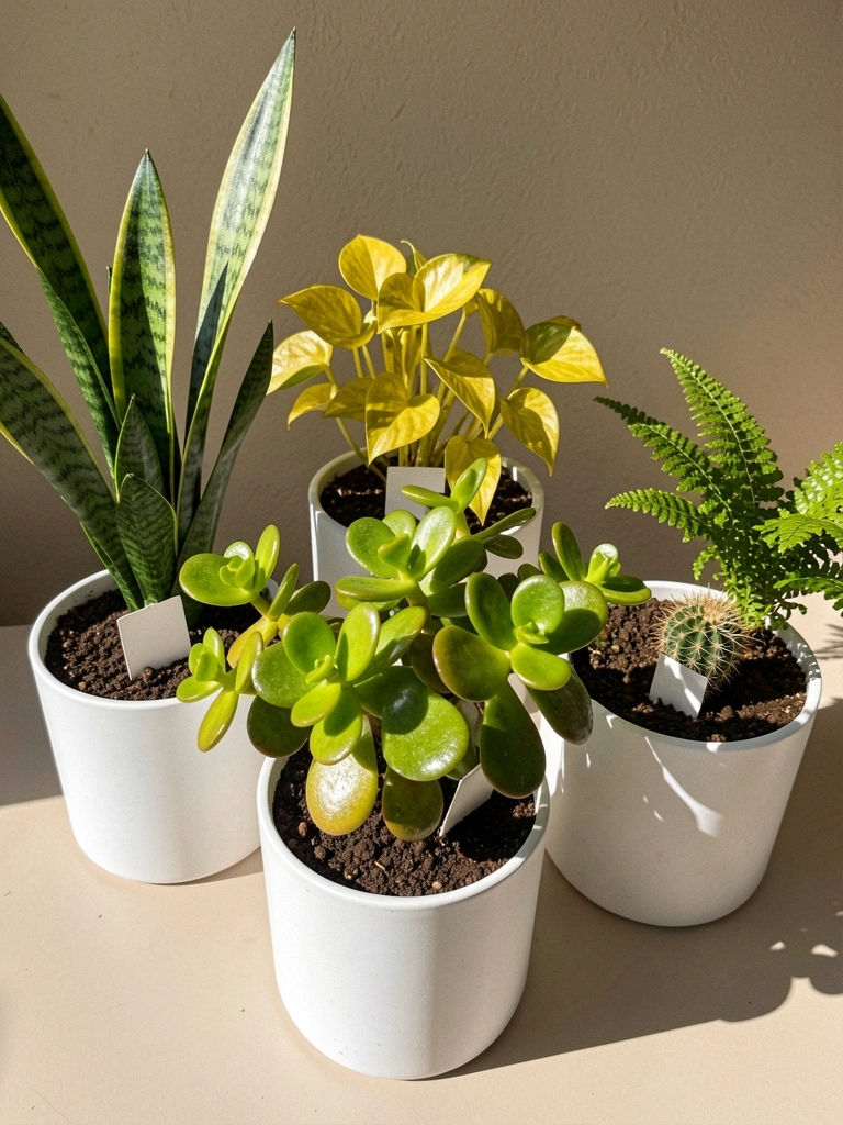Cinco vasos com plantas variadas, cada um com etiqueta, dispostos em linha sobre uma superfície clara.