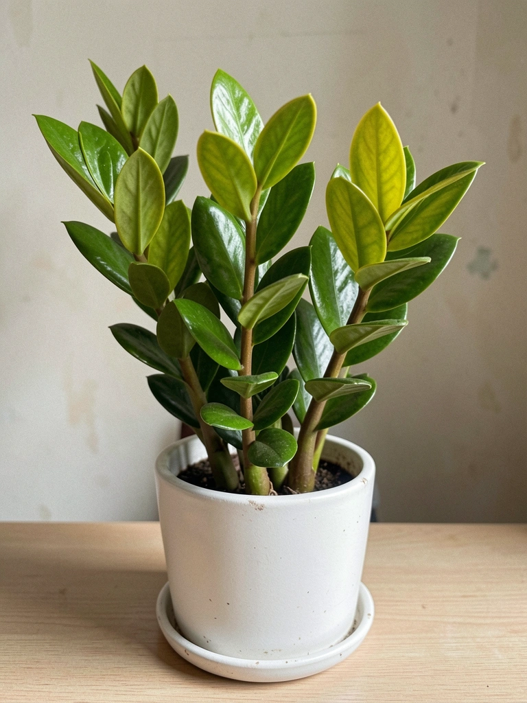 Vaso branco com zamioculca de folhas verdes brilhantes em ambiente interno
