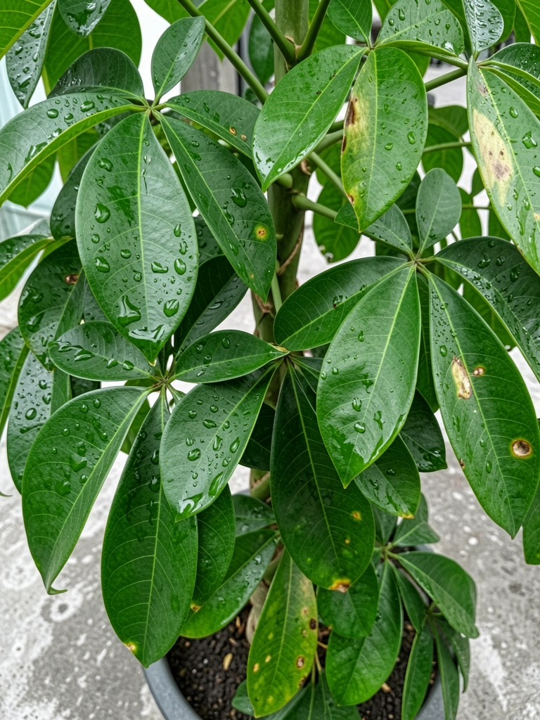 Pachira aquatica de tronco trançado em vaso grande, com folhagem exuberante