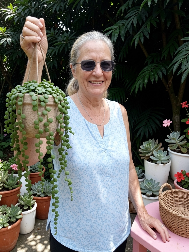 Planta de dinheiro-em-penca em vaso artesanal, com folhas verdes pendentes