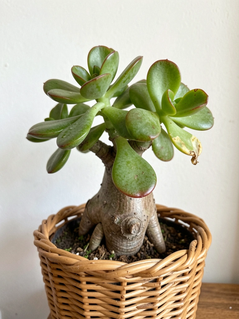 Bonsai de Crassula ovata com caule grosso e folhas carnudas em vaso pequeno
