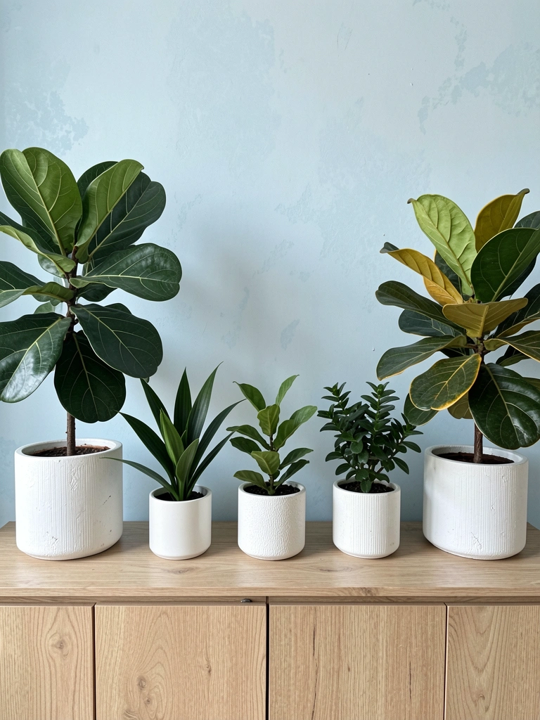 Vasos com plantas de interior sobre aparador de madeira clara contra parede branca