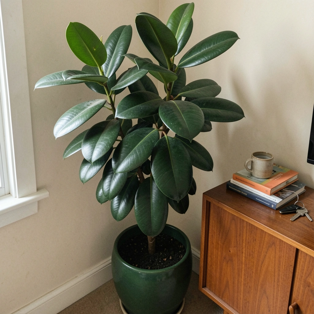 Planta de folhas grandes em vaso no canto da sala, ao lado de aparador de madeira.
