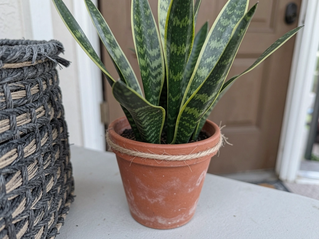 Espada-de-são-jorge em vaso de barro ao lado de uma porta de entrada