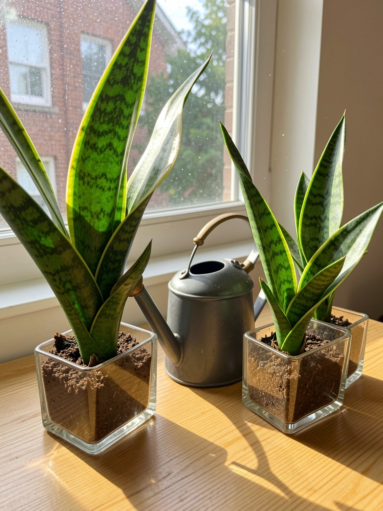 Folhas verdes em vaso com pequenas partículas suspensas no ar ao redor, sobre fundo claro.