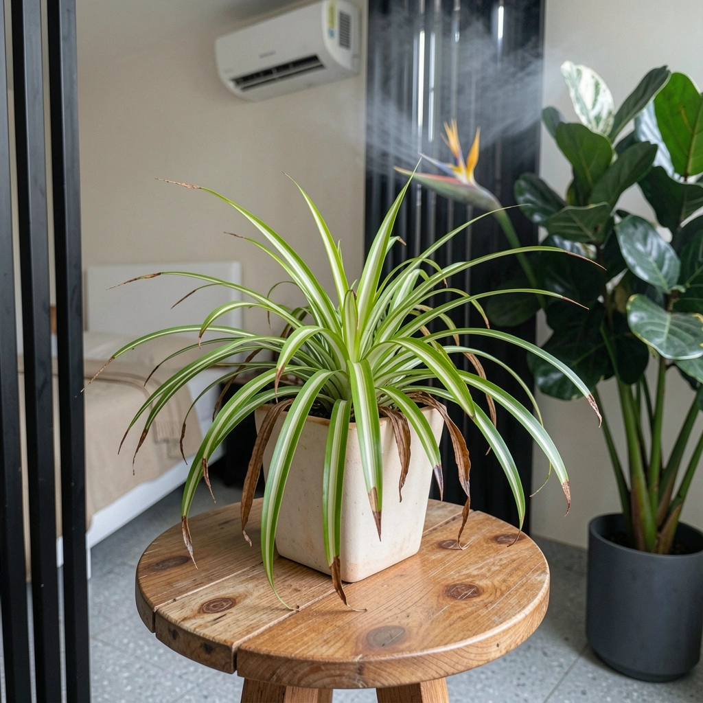 Folhas de planta com pontas secas e amarronzadas em vaso próximo a aparelho de ar-condicionado ligado