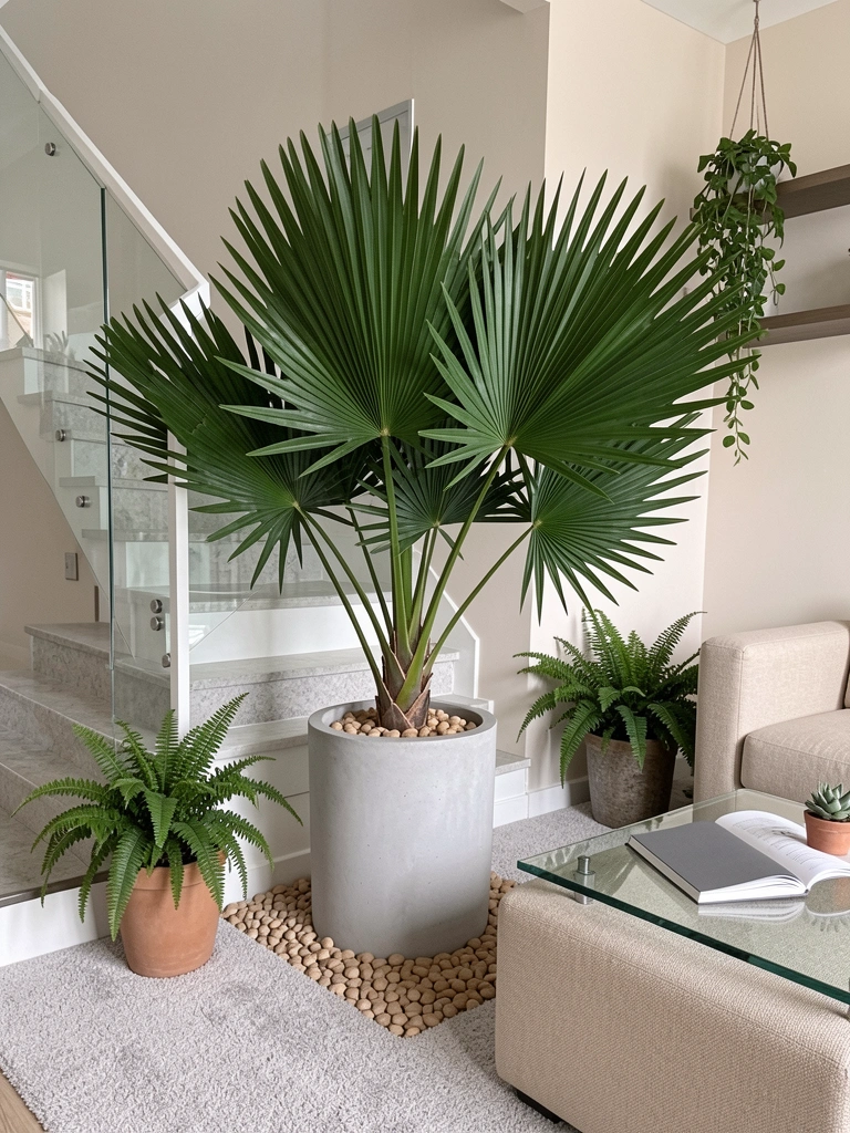 Sala de estar com sofá cinza, mesa de centro de madeira e plantas em vasos espalhados pelo ambiente