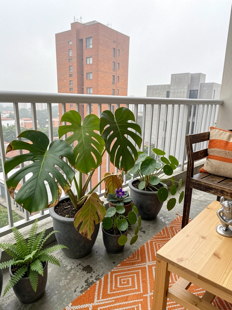Vasos decorativos com costela-de-adão, violeta-africana e pilea dispostos em um ambiente interno.