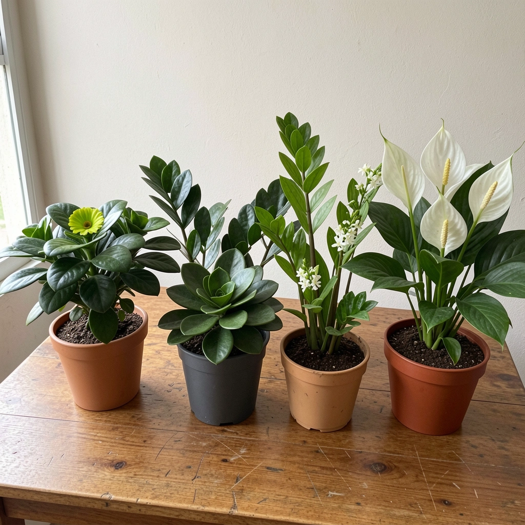 Mudas de plantas da prosperidade em vasos sobre mesa de madeira, fundo neutro