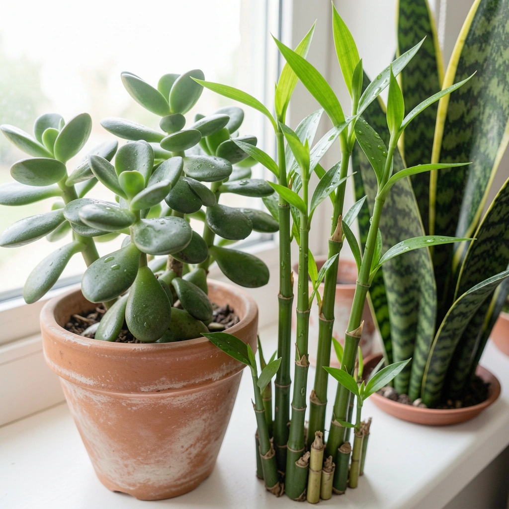 Bambu e jade sobre superfície clara, símbolos de Feng Shui