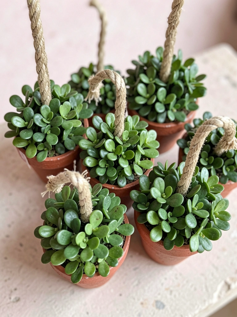 Colagem de seis plantas da prosperidade em vasos distintos sobre fundo neutro