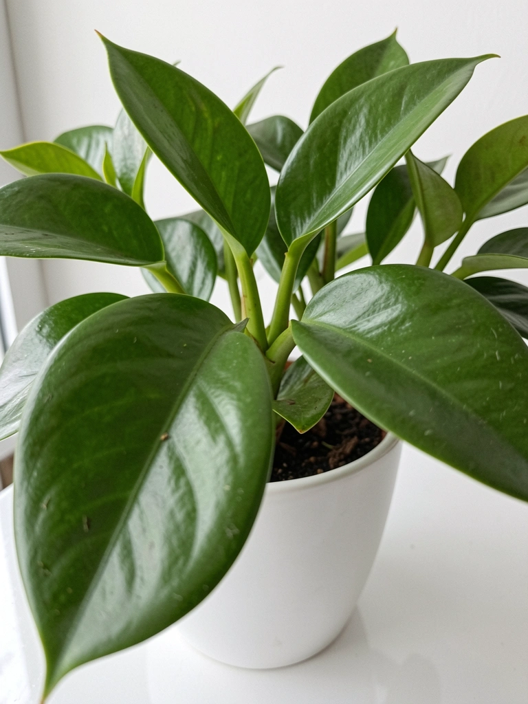 Folhas verdes e brilhantes de zamioculca em vaso branco