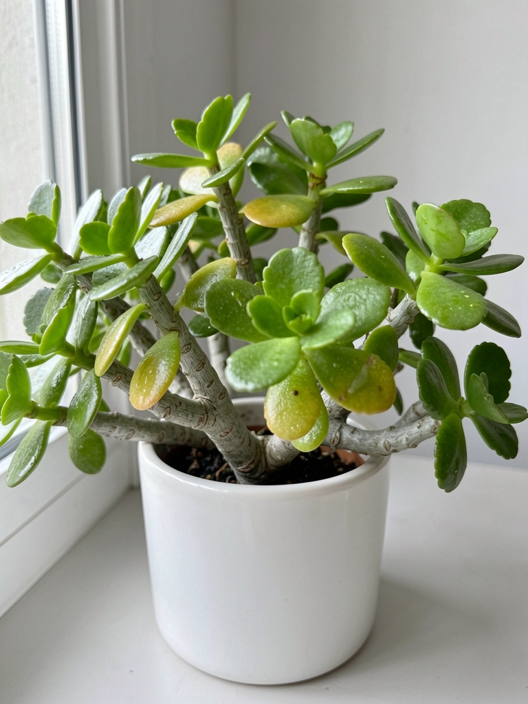 Vaso de planta jade com folhas carnosas sobre mesa clara