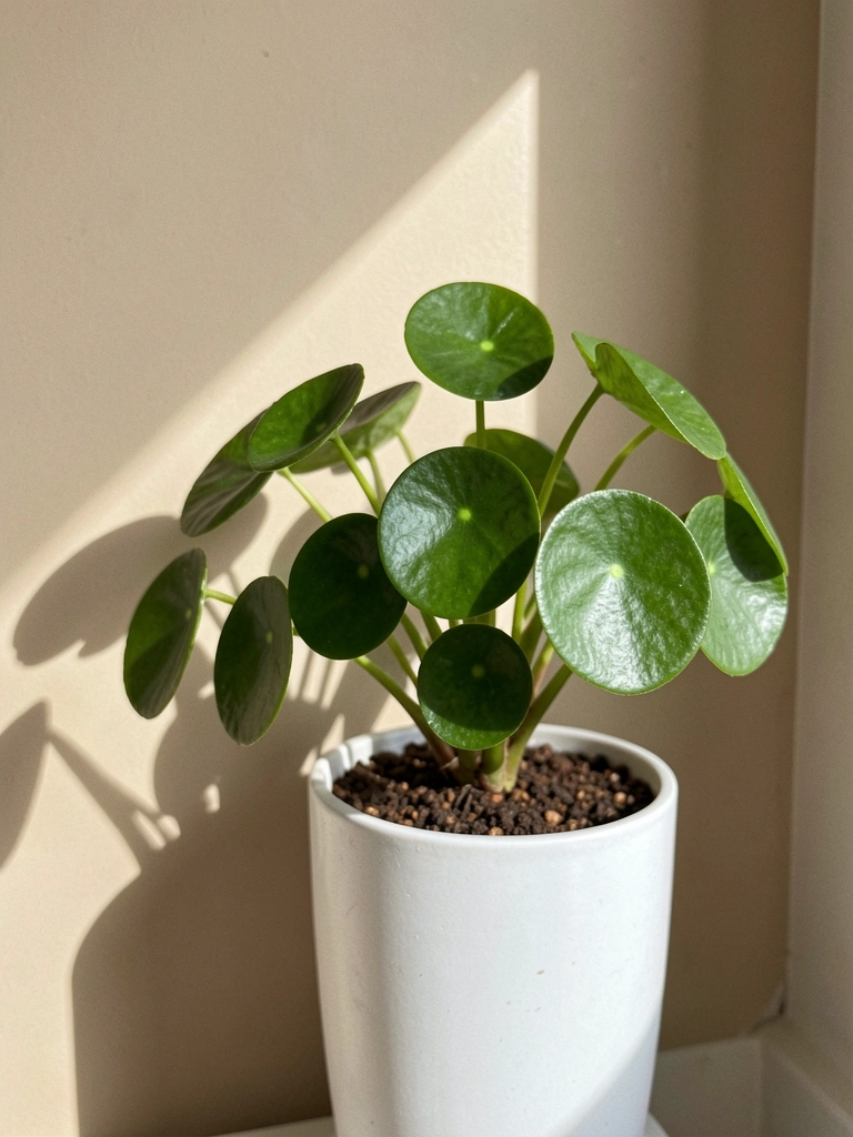 Vaso de cerâmica com planta dinheiro-em-penca, folhas verdes e redondas, fundo neutro.