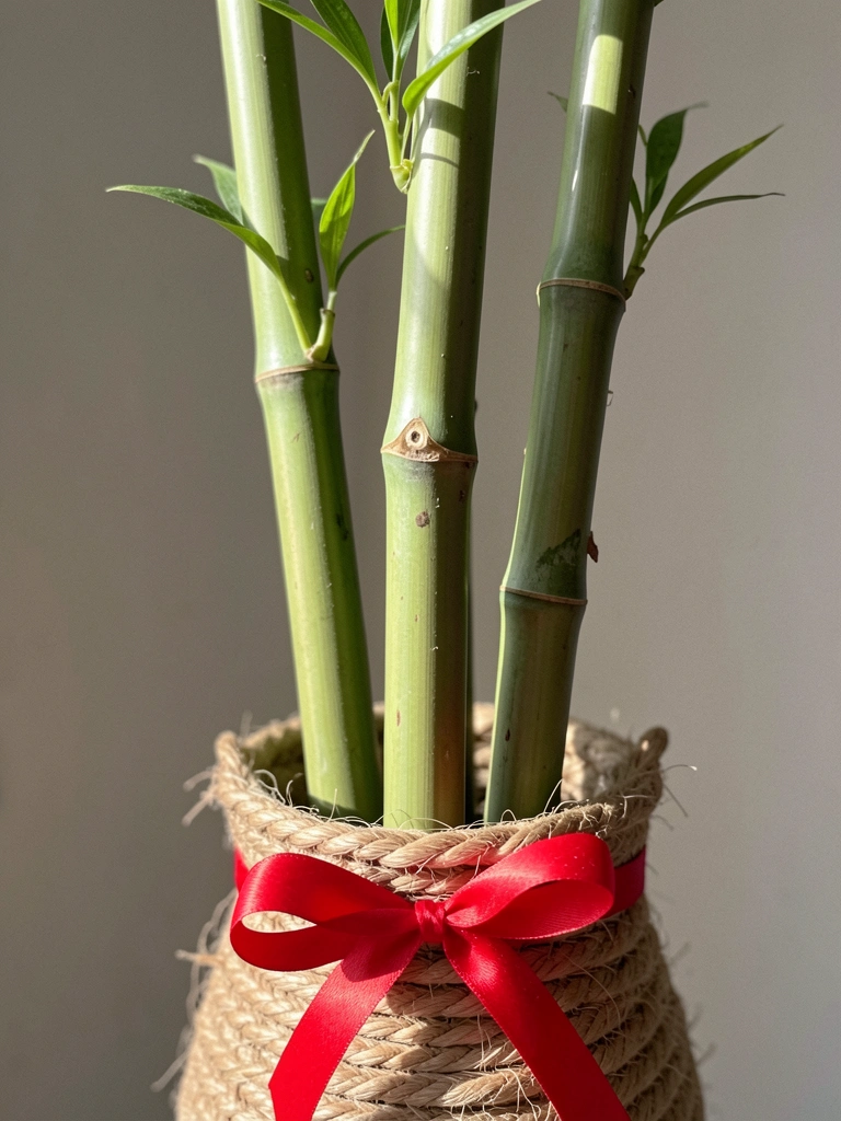 Hastes de bambu da sorte com laço vermelho em vaso de cerâmica