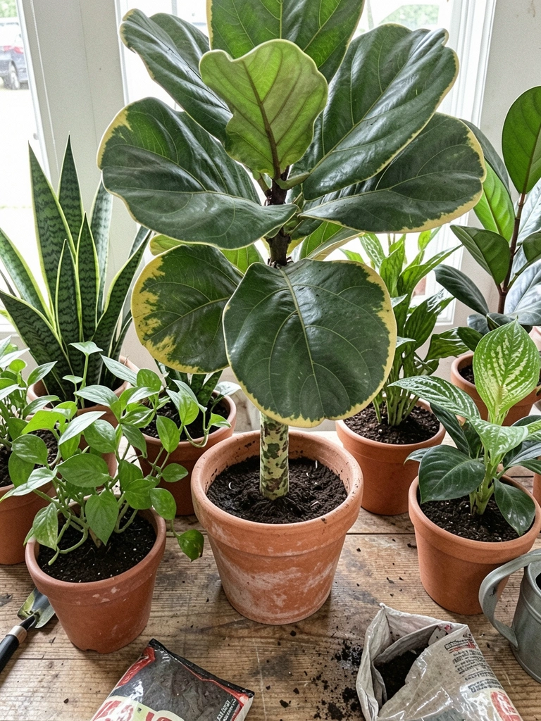 Cinco vasos com plantas de interior alinhados sobre bancada de madeira em floricultura
