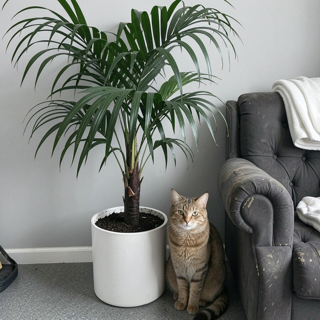 Gato sentado em prateleira ao lado de vaso de planta verde