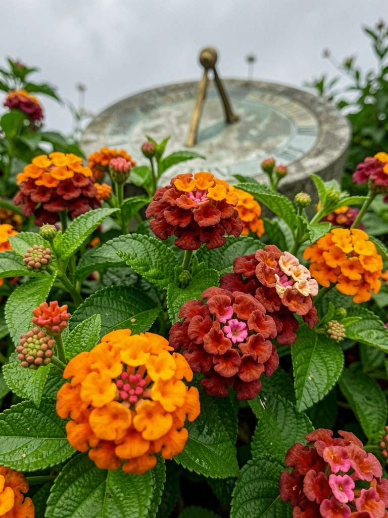Sol incidindo sobre plantas com flores em um jardim, relógio de sol ao fundo