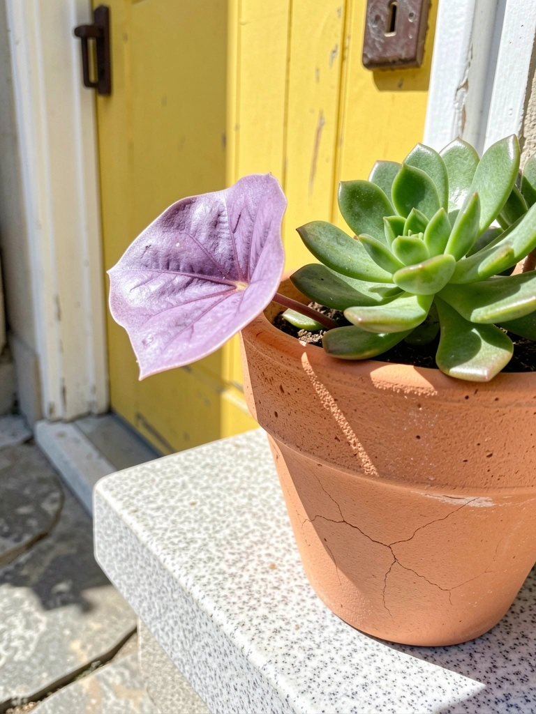 Folhas cerosas de lavanda e suculenta sob luz solar intensa
