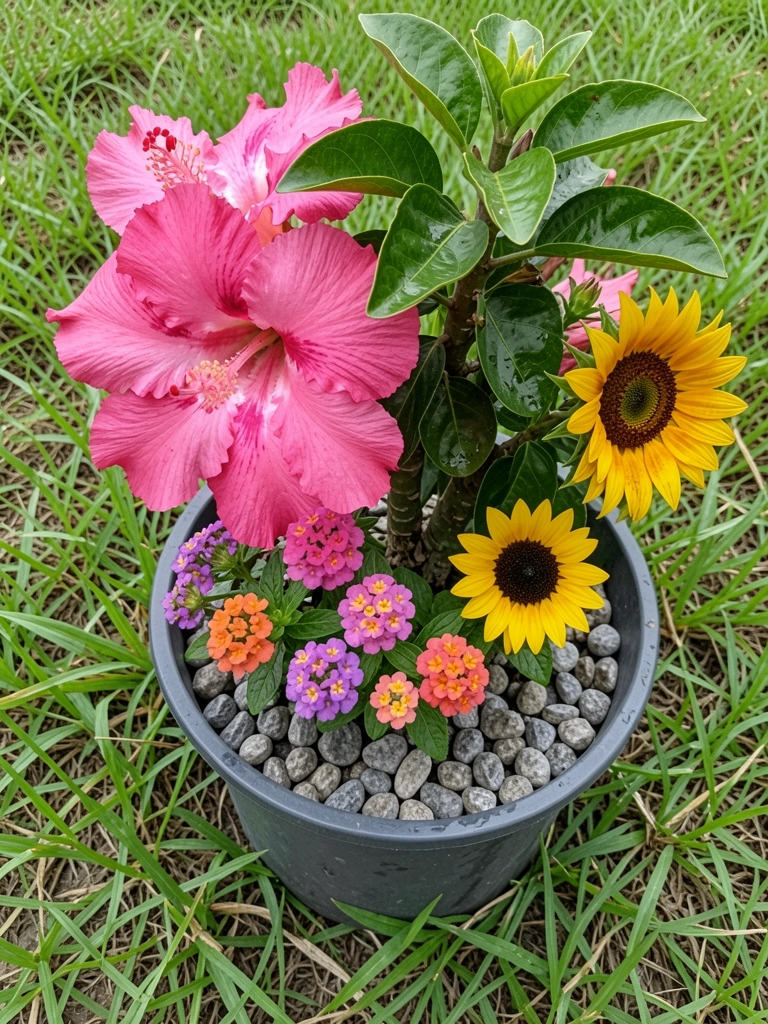 Arranjo com onze-horas, lantana, girassol e hibisco em vaso de cerâmica