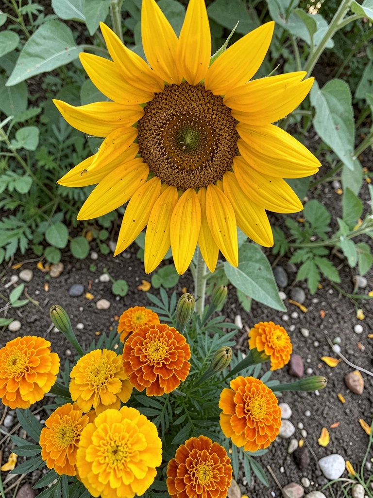 Girassol e tagetes em canteiro ensolarado, com flores alaranjadas e amarelas sob luz direta.