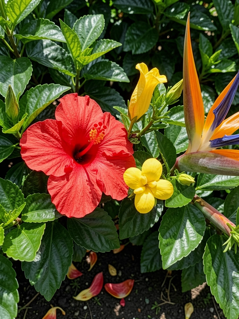 Hibisco vermelho, alamanda amarela e estrelícia em jardim ensolarado