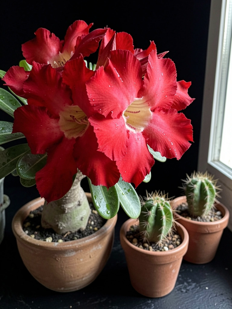 Rosa do deserto florida e cactos em vasos de cerâmica sobre superfície clara