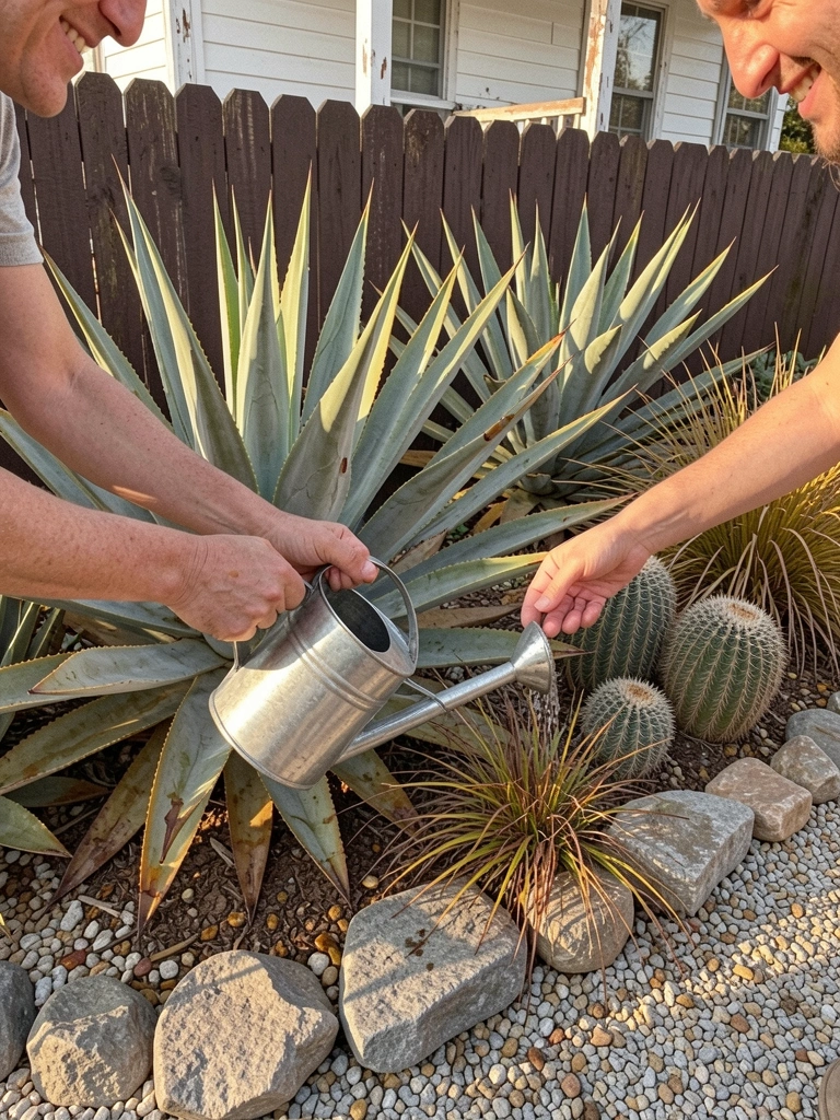 Mãos segurando regador despejando água sobre planta de sol em vaso com solo drenado