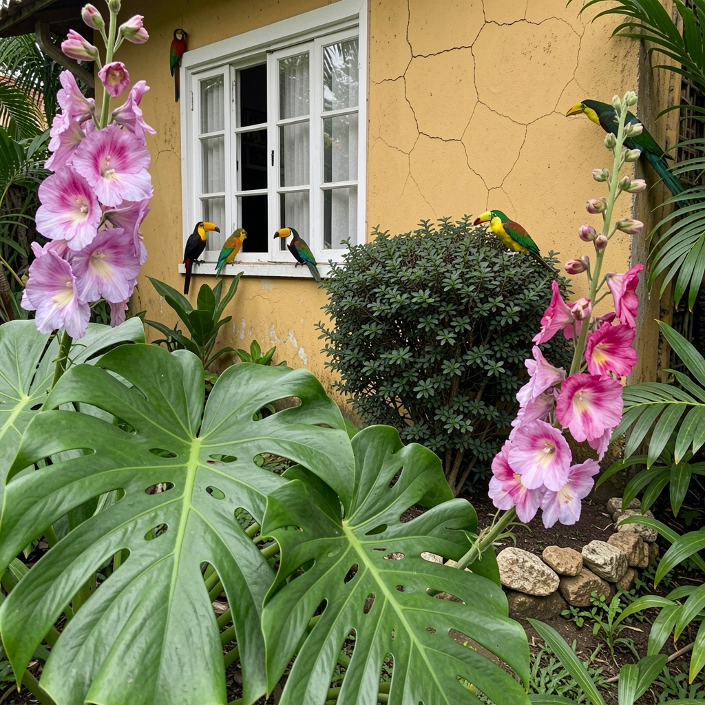 Jardim tropical com folhagens densas e pássaros coloridos entre as plantas.