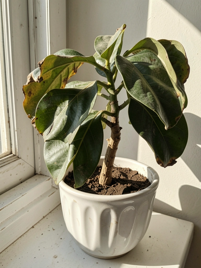 Planta com folhas caídas em vaso de cerâmica ao lado de janela ensolarada