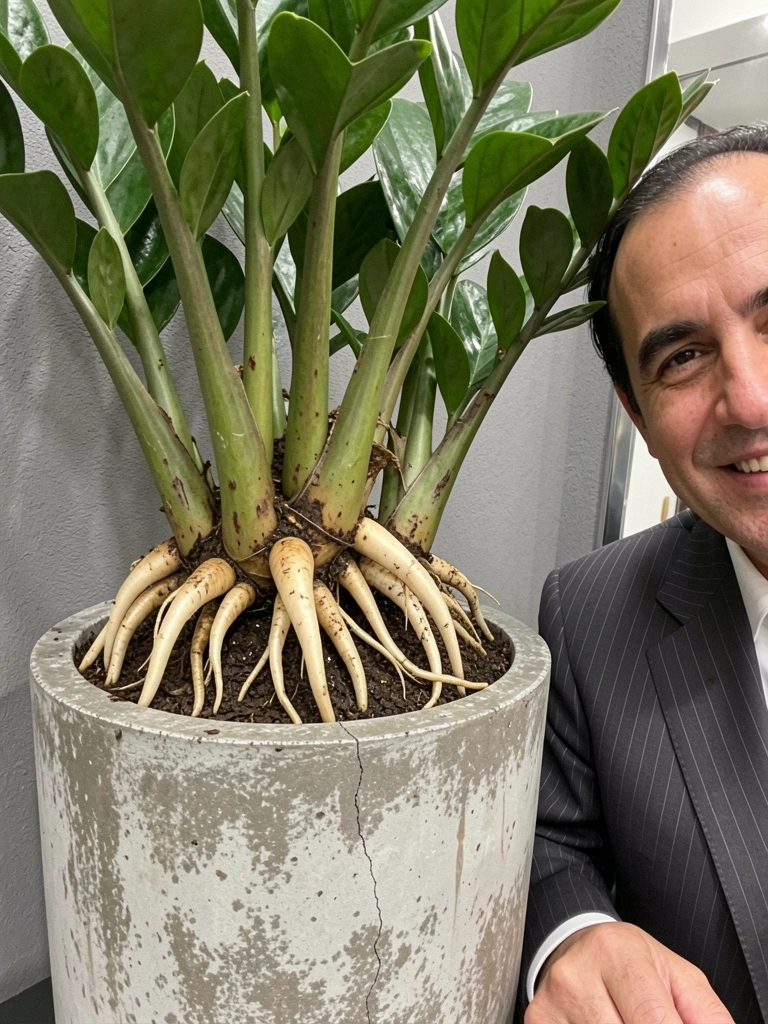 Raízes grossas de zamioculca expostas, saindo de um vaso de cerâmica marrom, sobre um piso de madeira clara.