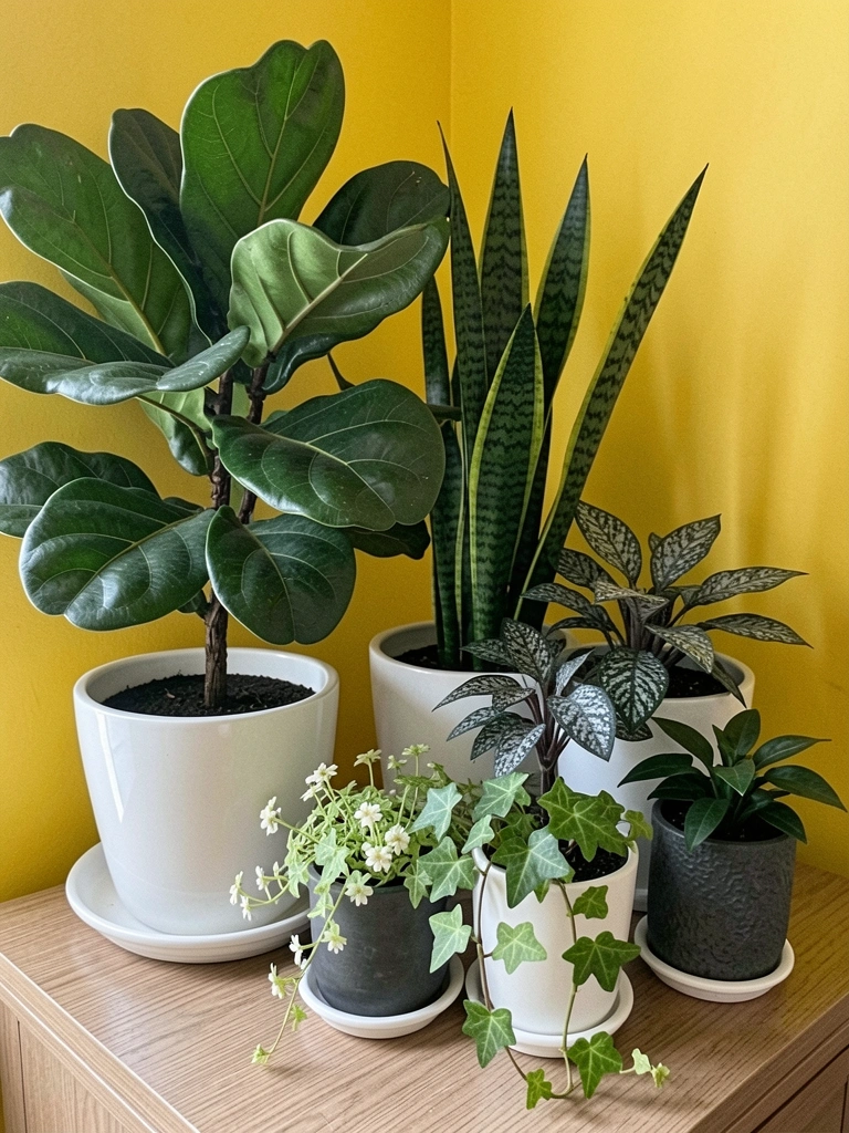 Plantas em vasos no canto de uma sala iluminada por luz indireta
