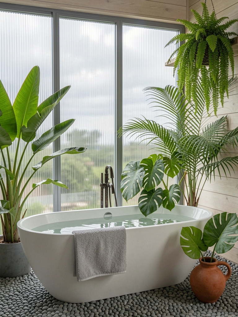 Samambaia pendente em vaso ao lado de areca-bambu em sala iluminada