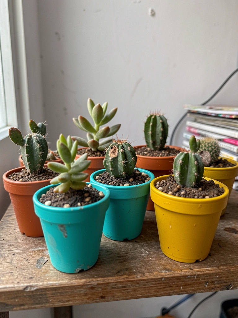 Mini cactos e suculentas em vasos coloridos sobre uma mesa de madeira.