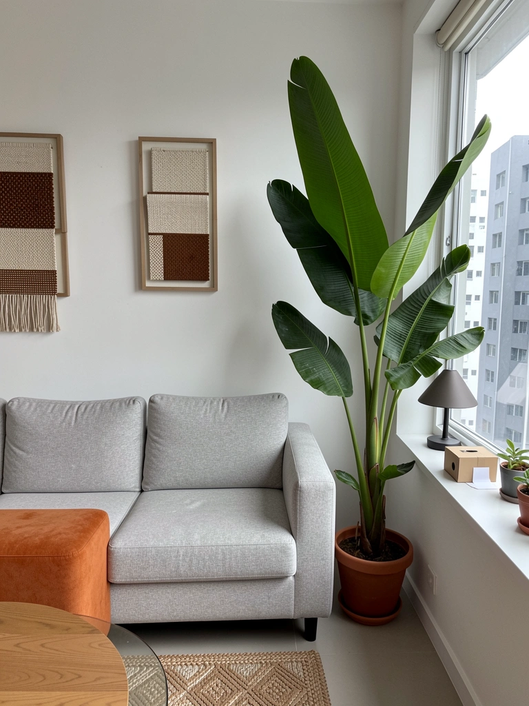Medidor de luminosidade artesanal ao lado de uma planta em vaso sobre a mesa perto da janela.