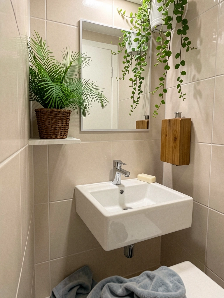 Banheiro com paredes claras, plantas verdes em vasos e luz artificial suave refletindo no espelho