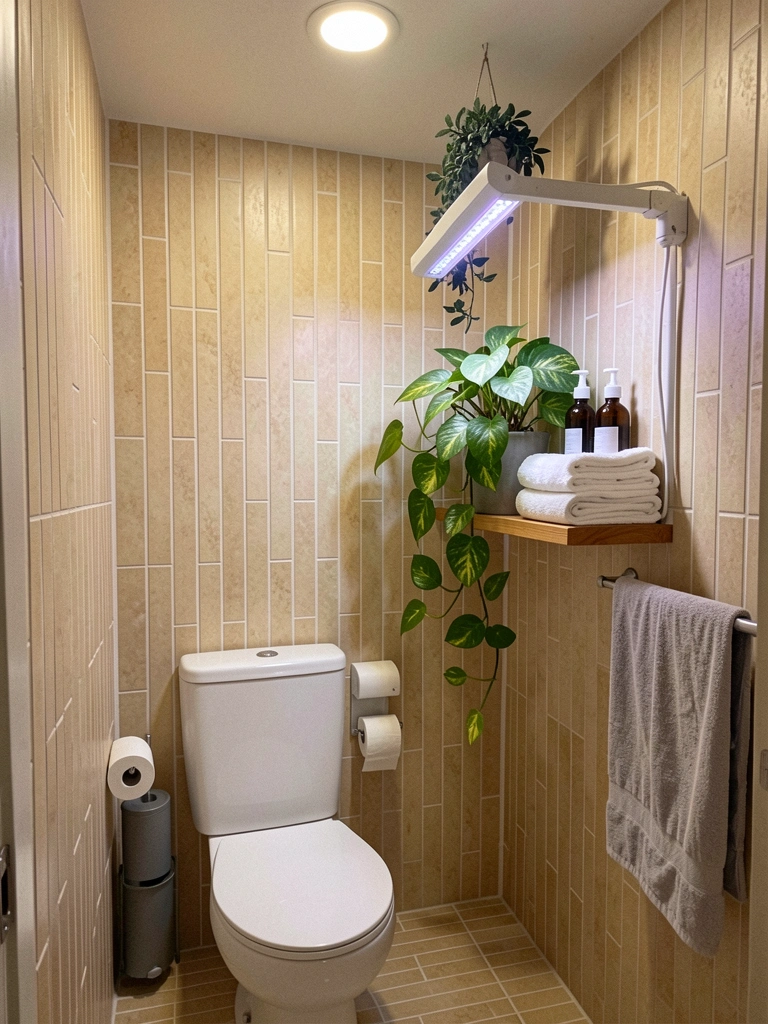 Lâmpada de cultivo acesa sobre vaso de jiboia em ambiente interno