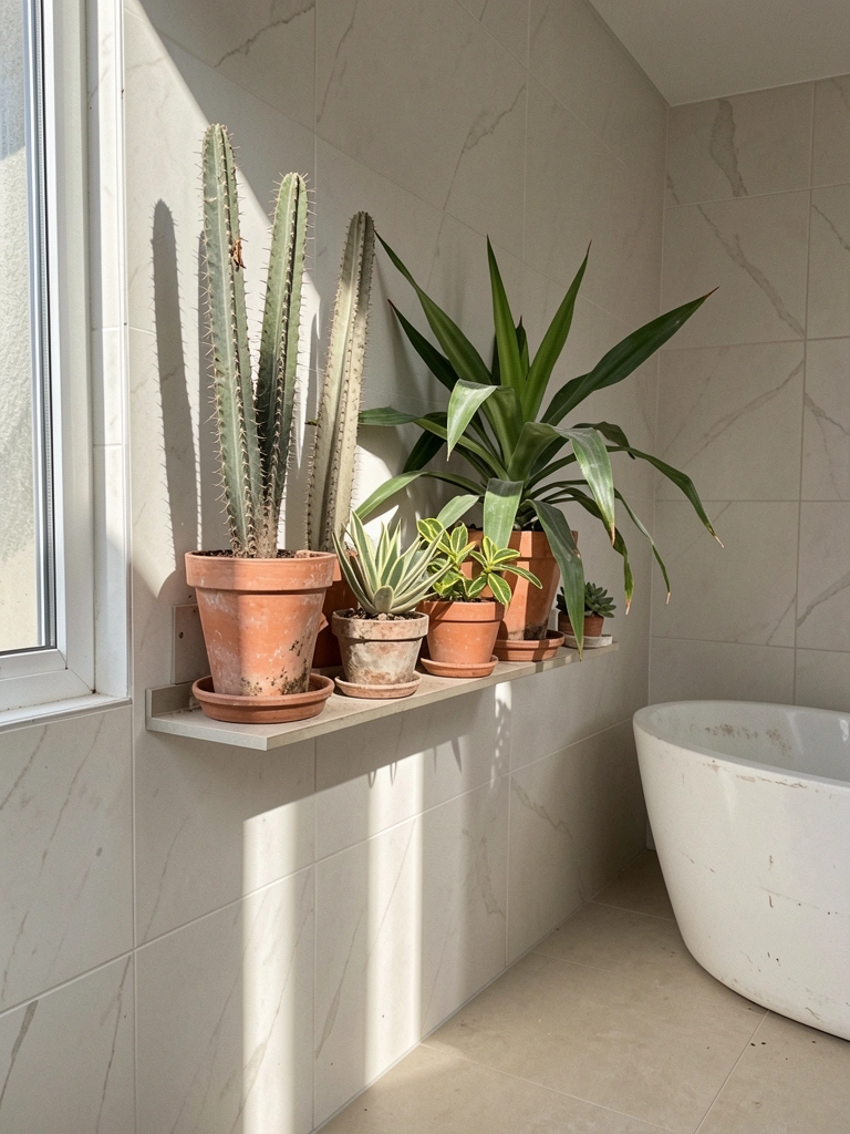 Vasos de plantas alinhados em prateleiras de banheiro, com luz suave e azulejos claros ao fundo