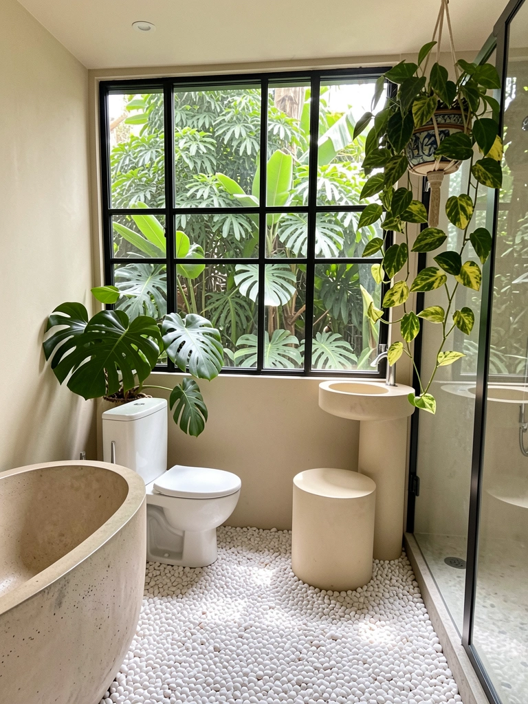 Jiboia pendurada em cachepô próximo ao box do banheiro