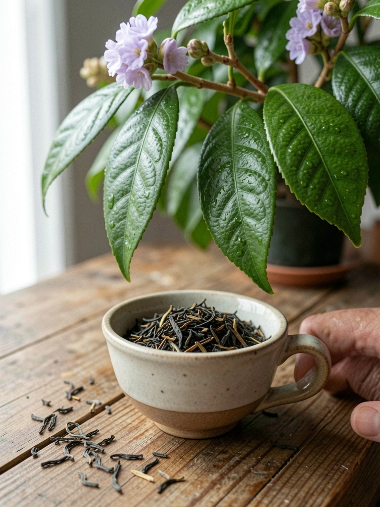 Xícara de chá com folhas soltas e um ramo de Camellia sinensis ao fundo
